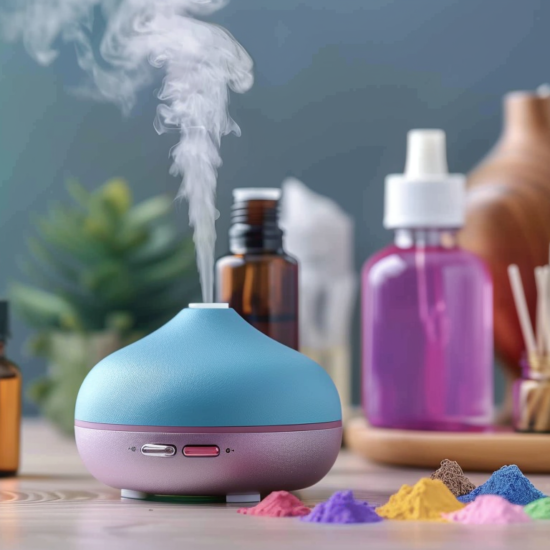 Essential oil bottles and a diffuser with colorful liquid, representing creating a custom diffuser oil blend.